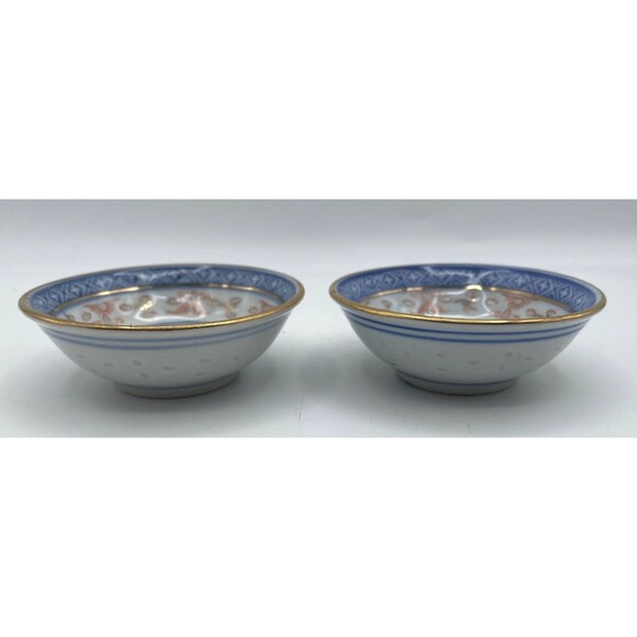 2 Vintage Chinese Eye Rice Grain Dipping Bowls Blue and White Porcelain RARE - Picture 6 of 9